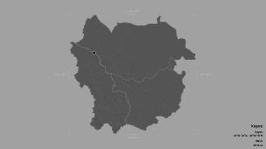 Kayes bölgesi, Mali bölgesi, jeoreferatlı bir sınır kutusunda sağlam bir arka planda izole edilmiş. Etiketler. Çift seviyeli yükseklik haritası. 3B görüntüleme