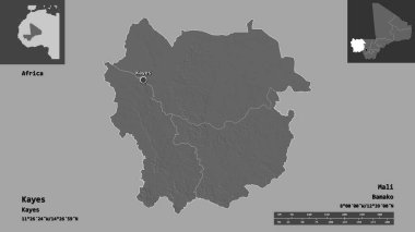Kayes 'in şekli, Mali bölgesi ve başkenti. Uzaklık ölçeği, ön gösterimler ve etiketler. Çift seviyeli yükseklik haritası. 3B görüntüleme