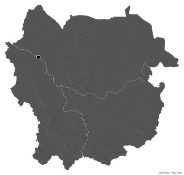 Kayes 'in şekli, Mali bölgesi, başkenti beyaz arka planda izole edilmiş. Çift seviyeli yükseklik haritası. 3B görüntüleme