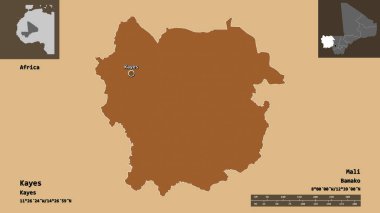 Kayes 'in şekli, Mali bölgesi ve başkenti. Uzaklık ölçeği, ön gösterimler ve etiketler. Düzenli desenli dokuların bileşimi. 3B görüntüleme