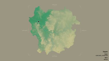 Kayes bölgesi, Mali bölgesi, jeoreferatlı bir sınır kutusunda sağlam bir arka planda izole edilmiş. Etiketler. Topografik yardım haritası. 3B görüntüleme