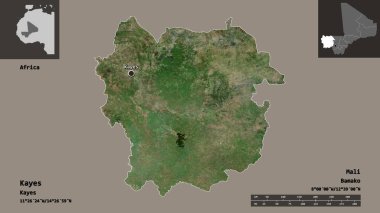 Kayes 'in şekli, Mali bölgesi ve başkenti. Uzaklık ölçeği, ön gösterimler ve etiketler. Uydu görüntüleri. 3B görüntüleme