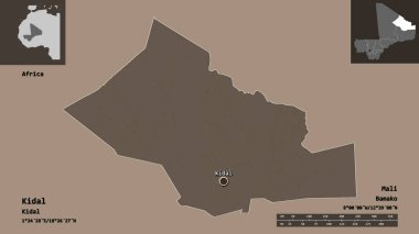 Kidal 'ın şekli, Mali bölgesi ve başkenti. Uzaklık ölçeği, ön gösterimler ve etiketler. Renkli yükseklik haritası. 3B görüntüleme