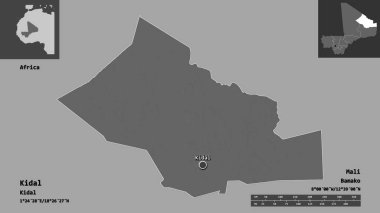 Kidal 'ın şekli, Mali bölgesi ve başkenti. Uzaklık ölçeği, ön gösterimler ve etiketler. Çift seviyeli yükseklik haritası. 3B görüntüleme