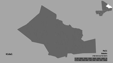 Mali 'nin Kidal bölgesi, başkenti katı bir zemin üzerinde izole edilmiştir. Uzaklık ölçeği, bölge önizlemesi ve etiketleri. Çift seviyeli yükseklik haritası. 3B görüntüleme