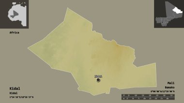 Kidal 'ın şekli, Mali bölgesi ve başkenti. Uzaklık ölçeği, ön gösterimler ve etiketler. Topografik yardım haritası. 3B görüntüleme