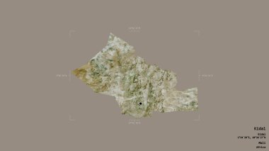 Kidal bölgesi, Mali bölgesi, jeoreferatlı bir sınır kutusunda sağlam bir arka planda izole edilmiş. Etiketler. Uydu görüntüleri. 3B görüntüleme