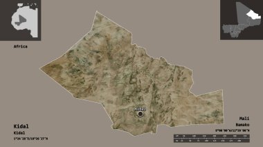 Kidal 'ın şekli, Mali bölgesi ve başkenti. Uzaklık ölçeği, ön gösterimler ve etiketler. Uydu görüntüleri. 3B görüntüleme