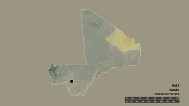 Başkenti, ana bölgesel bölümü ve ayrılmış Kidal bölgesiyle Mali 'nin dejenere edilmiş şekli. Etiketler. Topografik yardım haritası. 3B görüntüleme