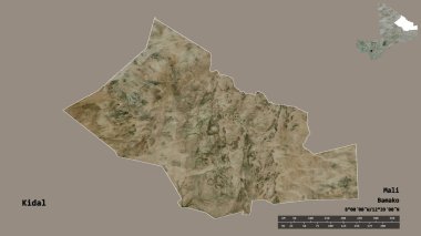 Mali 'nin Kidal bölgesi, başkenti katı bir zemin üzerinde izole edilmiştir. Uzaklık ölçeği, bölge önizlemesi ve etiketleri. Uydu görüntüleri. 3B görüntüleme