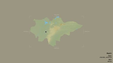 Mopti bölgesi, Mali bölgesi, katı bir arka planda izole edilmiş bir sınır kutusunda. Etiketler. Topografik yardım haritası. 3B görüntüleme