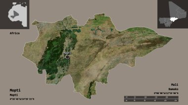 Mopti 'nin şekli, Mali bölgesi ve başkenti. Uzaklık ölçeği, ön gösterimler ve etiketler. Uydu görüntüleri. 3B görüntüleme