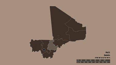 Başkenti, ana bölgesel bölümü ve ayrılmış Segou bölgesiyle Mali 'nin dejenere edilmiş şekli. Etiketler. Renkli yükseklik haritası. 3B görüntüleme