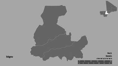 Mali Bölgesi 'nin başkenti Segou' nun katı arka planda izole edilmiş hali. Uzaklık ölçeği, bölge önizlemesi ve etiketleri. Çift seviyeli yükseklik haritası. 3B görüntüleme