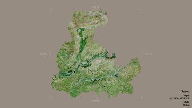Segou bölgesi, Mali bölgesi, katı bir arka planda izole edilmiş bir sınır kutusunda. Etiketler. Uydu görüntüleri. 3B görüntüleme