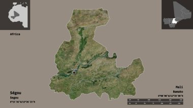Segou 'nun şekli, Mali bölgesi ve başkenti. Uzaklık ölçeği, ön gösterimler ve etiketler. Uydu görüntüleri. 3B görüntüleme