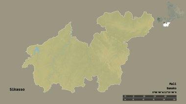 Sikasso 'nun şekli, Mali bölgesi, sermayesi sağlam arka planda izole edilmiş. Uzaklık ölçeği, bölge önizlemesi ve etiketleri. Topografik yardım haritası. 3B görüntüleme