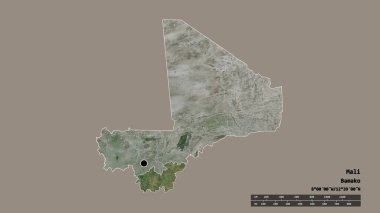 Başkenti, ana bölgesel bölümü ve ayrılmış Sikasso bölgesiyle Mali 'nin dejenere edilmiş şekli. Etiketler. Uydu görüntüleri. 3B görüntüleme