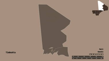 Timbuktu 'nun şekli, Mali bölgesi, sermayesi katı bir zemin üzerinde izole edilmiş. Uzaklık ölçeği, bölge önizlemesi ve etiketleri. Renkli yükseklik haritası. 3B görüntüleme