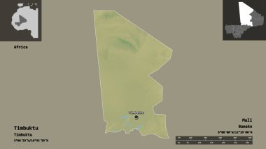 Timbuktu 'nun şekli, Mali bölgesi ve başkenti. Uzaklık ölçeği, ön gösterimler ve etiketler. Topografik yardım haritası. 3B görüntüleme