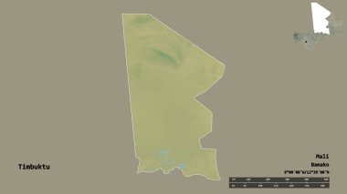 Timbuktu 'nun şekli, Mali bölgesi, sermayesi katı bir zemin üzerinde izole edilmiş. Uzaklık ölçeği, bölge önizlemesi ve etiketleri. Topografik yardım haritası. 3B görüntüleme