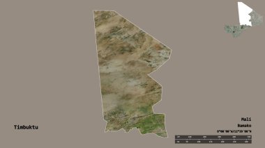 Timbuktu 'nun şekli, Mali bölgesi, sermayesi katı bir zemin üzerinde izole edilmiş. Uzaklık ölçeği, bölge önizlemesi ve etiketleri. Uydu görüntüleri. 3B görüntüleme