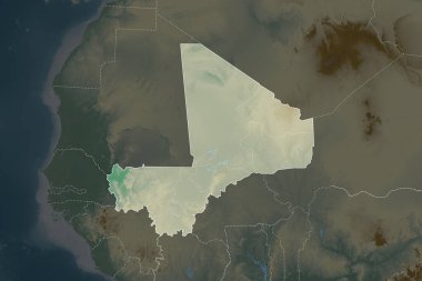 Mali 'nin şekli, komşu bölgelerin dedoygunluğuyla ayrılmış. Sınırlar. Topografik yardım haritası. 3B görüntüleme