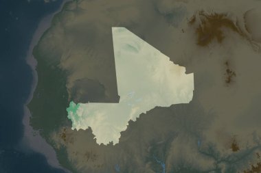 Mali 'nin şekli, komşu bölgelerin dedoygunluğuyla ayrılmış. Topografik yardım haritası. 3B görüntüleme