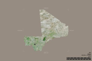 Mali bölgesi katı bir arka planda izole edilmiş jeoreferatlı bir sınır kutusunda. Ana bölgesel bölüm, mesafe ölçeği, etiketler. Uydu görüntüleri. 3B görüntüleme