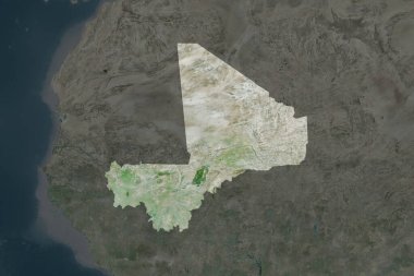 Mali 'nin şekli, komşu bölgelerin dedoygunluğuyla ayrılmış. Uydu görüntüleri. 3B görüntüleme