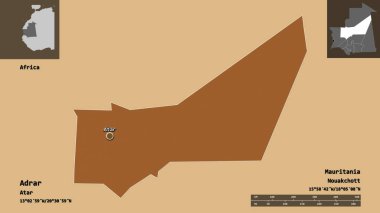 Adrar 'ın şekli, Moritanya bölgesi ve başkenti. Uzaklık ölçeği, ön gösterimler ve etiketler. Düzenli desenli dokuların bileşimi. 3B görüntüleme
