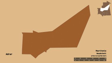 Adrar 'ın şekli, Moritanya bölgesi, sermayesi katı arka planda izole edilmiş. Uzaklık ölçeği, bölge önizlemesi ve etiketleri. Düzenli desenli dokuların bileşimi. 3B görüntüleme