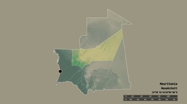 Başkenti, ana bölgesel bölümü ve ayrılmış Adrar bölgesiyle Moritanya 'nın dejenere edilmiş şekli. Etiketler. Topografik yardım haritası. 3B görüntüleme