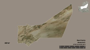 Adrar 'ın şekli, Moritanya bölgesi, sermayesi katı arka planda izole edilmiş. Uzaklık ölçeği, bölge önizlemesi ve etiketleri. Uydu görüntüleri. 3B görüntüleme
