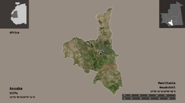 Assaba 'nın şekli, Moritanya bölgesi ve başkenti. Uzaklık ölçeği, ön gösterimler ve etiketler. Uydu görüntüleri. 3B görüntüleme