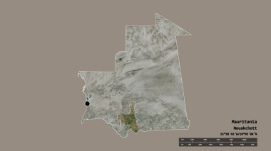 Başkenti, ana bölgesel bölümü ve ayrılmış Assaba bölgesi ile Moritanya 'nın dejenere edilmiş şekli. Etiketler. Uydu görüntüleri. 3B görüntüleme
