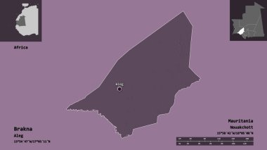 Brakna 'nın şekli, Moritanya bölgesi ve başkenti. Uzaklık ölçeği, ön gösterimler ve etiketler. Renkli yükseklik haritası. 3B görüntüleme