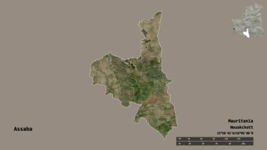 Moritanya 'nın Assaba bölgesi, başkenti katı bir zemin üzerinde izole edilmiştir. Uzaklık ölçeği, bölge önizlemesi ve etiketleri. Uydu görüntüleri. 3B görüntüleme