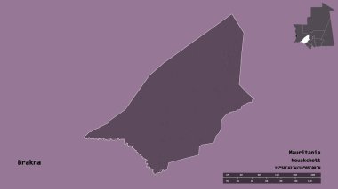 Moritanya 'nın Brakna bölgesi, başkenti katı arka planda izole edilmiş. Uzaklık ölçeği, bölge önizlemesi ve etiketleri. Renkli yükseklik haritası. 3B görüntüleme