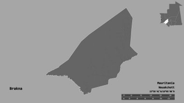 Moritanya 'nın Brakna bölgesi, başkenti katı arka planda izole edilmiş. Uzaklık ölçeği, bölge önizlemesi ve etiketleri. Çift seviyeli yükseklik haritası. 3B görüntüleme