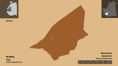 Brakna 'nın şekli, Moritanya bölgesi ve başkenti. Uzaklık ölçeği, ön gösterimler ve etiketler. Düzenli desenli dokuların bileşimi. 3B görüntüleme