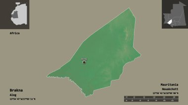 Brakna 'nın şekli, Moritanya bölgesi ve başkenti. Uzaklık ölçeği, ön gösterimler ve etiketler. Topografik yardım haritası. 3B görüntüleme