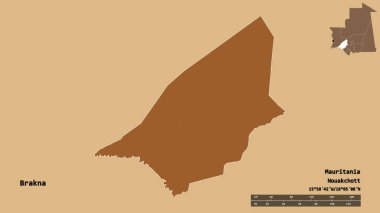 Moritanya 'nın Brakna bölgesi, başkenti katı arka planda izole edilmiş. Uzaklık ölçeği, bölge önizlemesi ve etiketleri. Düzenli desenli dokuların bileşimi. 3B görüntüleme