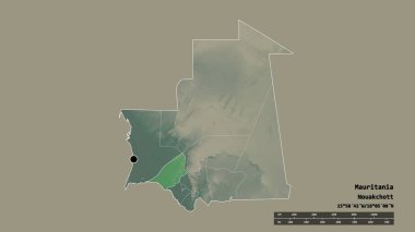 Başkenti, ana bölgesel bölümü ve ayrılmış Brakna bölgesi ile Moritanya 'nın dejenere edilmiş şekli. Etiketler. Topografik yardım haritası. 3B görüntüleme