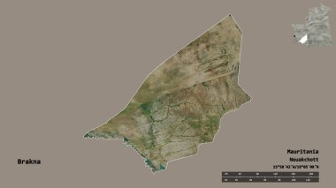 Moritanya 'nın Brakna bölgesi, başkenti katı arka planda izole edilmiş. Uzaklık ölçeği, bölge önizlemesi ve etiketleri. Uydu görüntüleri. 3B görüntüleme