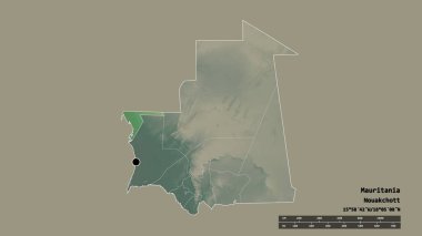 Başkenti, ana bölgesel bölümü ve ayrılmış Dakhlet Nouadhibou bölgesi ile Moritanya 'nın dejenere edilmiş şekli. Etiketler. Topografik yardım haritası. 3B görüntüleme