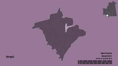 Moritanya 'nın Gorgol bölgesi, başkenti katı bir zemin üzerinde izole edilmiş. Uzaklık ölçeği, bölge önizlemesi ve etiketleri. Renkli yükseklik haritası. 3B görüntüleme