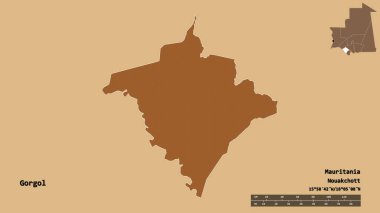 Moritanya 'nın Gorgol bölgesi, başkenti katı bir zemin üzerinde izole edilmiş. Uzaklık ölçeği, bölge önizlemesi ve etiketleri. Düzenli desenli dokuların bileşimi. 3B görüntüleme