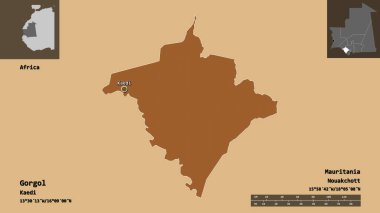 Gorgol 'un şekli, Moritanya bölgesi ve başkenti. Uzaklık ölçeği, ön gösterimler ve etiketler. Düzenli desenli dokuların bileşimi. 3B görüntüleme