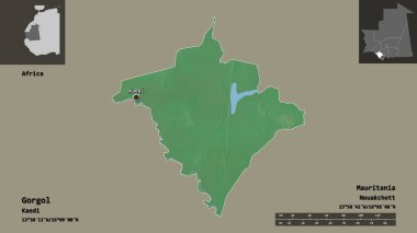 Gorgol 'un şekli, Moritanya bölgesi ve başkenti. Uzaklık ölçeği, ön gösterimler ve etiketler. Topografik yardım haritası. 3B görüntüleme